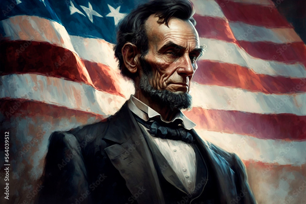 Abraham Lincoln on the background of the American flag. Abraham Lincoln  birthday. Generative AI Stock Illustration | Adobe Stock