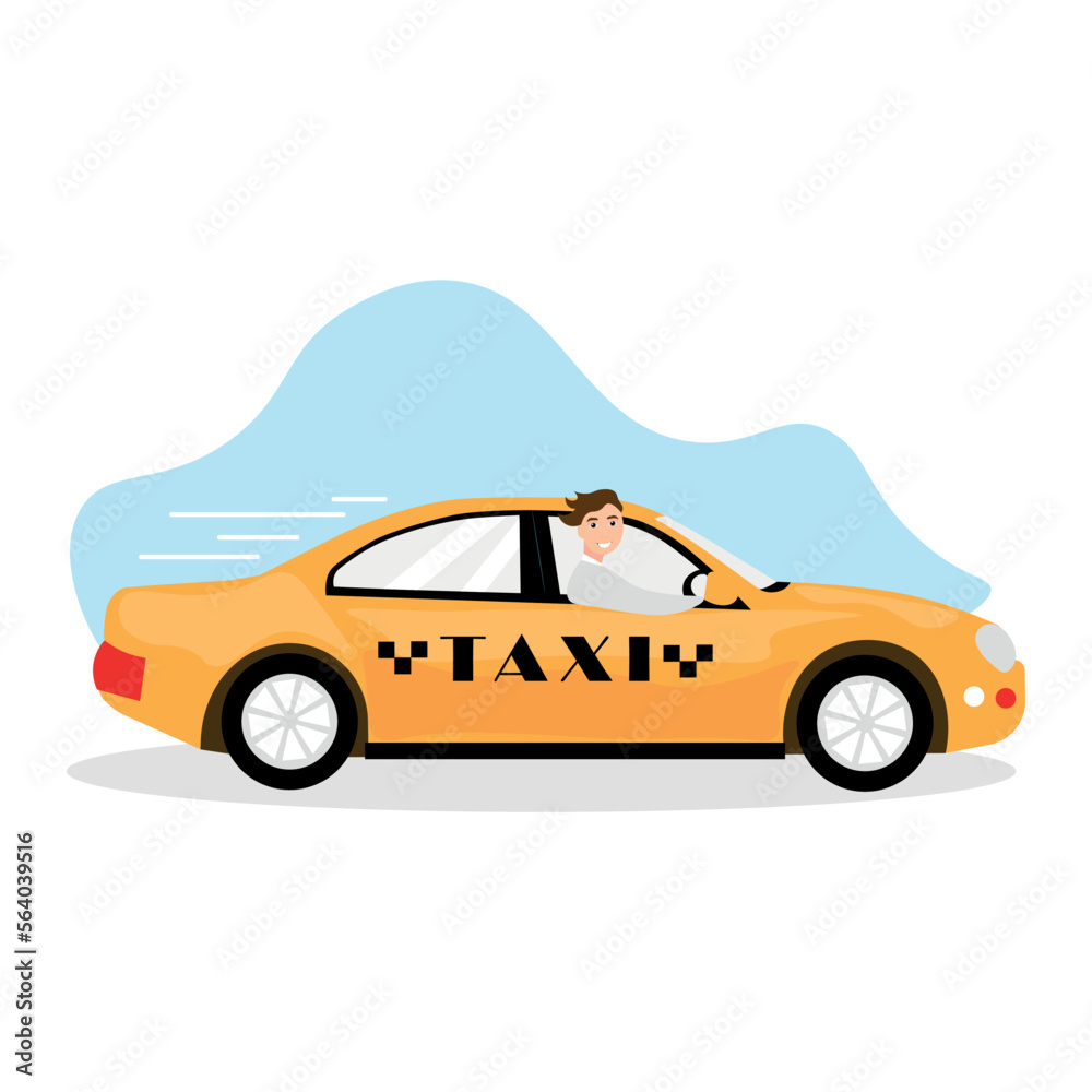 Driver in taxi car on white background