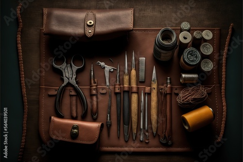  a leather case with a variety of tools and sewing supplies in it, including scissors, thread, thread spools, and thread, and other items in it, all on a brown leather. Generative AI
