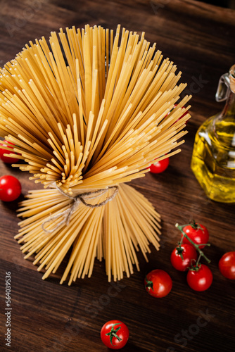 Spaghetti dry with cherry tomatoes. 