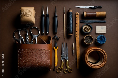  a table topped with lots of different types of tools and accessories on top of a table next to a bag of thread and scissors and a leather pouch with a leather pouch on top of. Generative AI photo