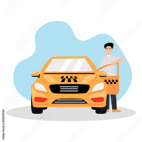 Driver near taxi car on white background