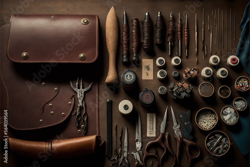  a leather case with a variety of tools and tools on it, including scissors, a pair of scissors, a leather case, and other items on a table top of leather with a. Generative AI