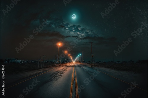  a long road with a bright light at night and a bright moon in the sky above it and a dark sky with clouds and stars above it  and below it is a street light. Generative AI