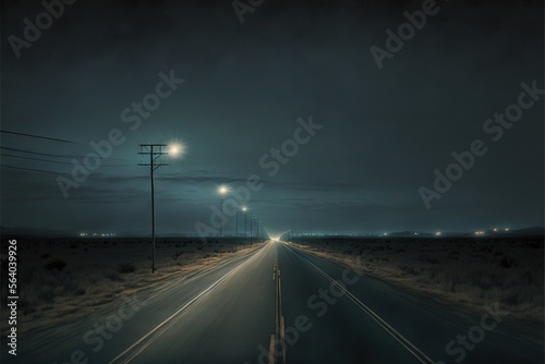  a long empty road with a street light in the distance at night time with a dark sky and a few street lights in the distance at night time with no one light on the road. Generative AI