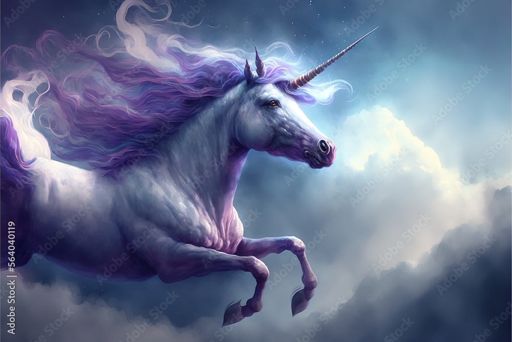 a unicorn with a long mane is flying through the air with clouds in the background and a star in the sky above it, with a blue sky with clouds and white clouds and blue. Generative AI a unicorn with a long mane is flying through the air with clouds in the background and a star in the sky above it, with a blue sky with clouds and white clouds and blue. Generative AI