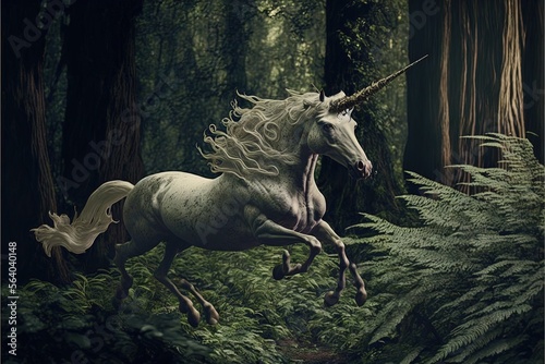  a unicorn is running through a forest with ferns and trees in the background, with a long horn on its head and tail, with a long mane, with its tail, and tail. Generative AI