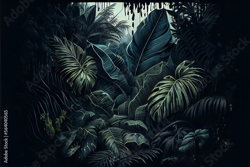 A dark tropical forest in the rain. Generative AI