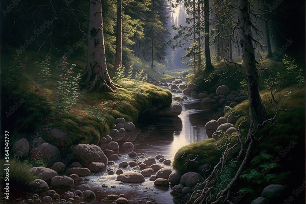 a painting of a stream in a forest with rocks and trees on the side of ...