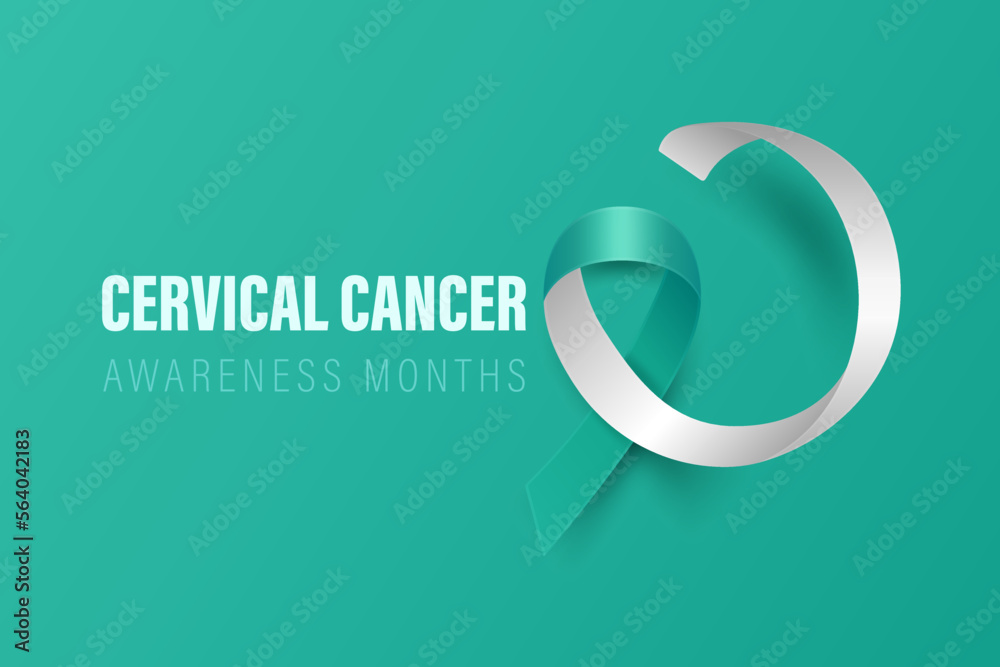 Cervical Cancer Banner, Card, Placard with Vector 3d Realistic Teal and White Ribbon on Teal Background. Cervical Cancer Awareness Month Symbol Closeup. World Cervical Cancer Day Concept Cervical Cancer Banner, Card, Placard with Vector 3d Realistic Teal and White Ribbon on Teal Background. Cervical Cancer Awareness Month Symbol Closeup. World Cervical Cancer Day Concept