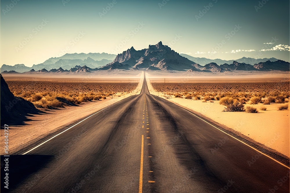  a long road in the middle of a desert with mountains in the background and a sky background with a few clouds in the sky above it and a few hills and a few bushes in the. Generative AI