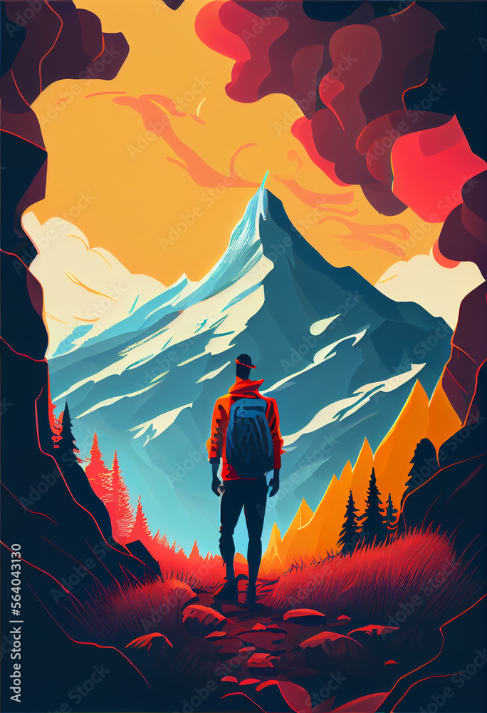 Fototapeta premium Hiker in the mountains. Generative Ai illustration in vector style. 