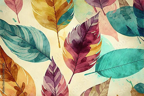  a painting of a bunch of leaves on a white background with a blue sky in the background and a red, yellow, green, and blue leafy pattern on the bottom of the bottom. Generative AI