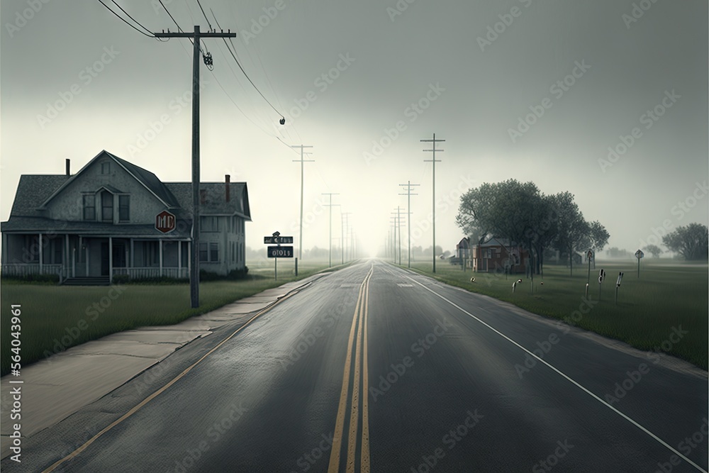  a long empty road with a house on the side of it and a stop sign on the side of the road in the foggy day time of the day, with a few signs. Generative AI