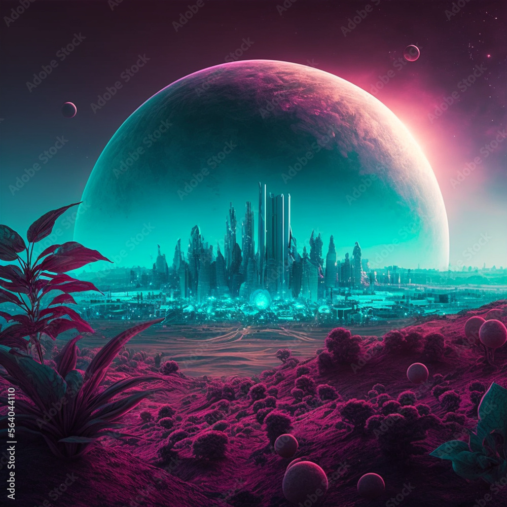 the city drawn in neon style is located on another planet under a large glass dome where various buildings and various plants