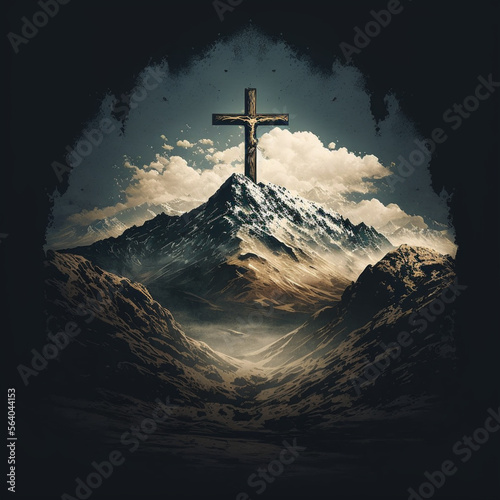 cross on a snow-covered stone mountain against the background of clouds