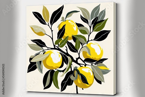  a painting of a branch with lemons on it  with leaves and buds on it  against a white background  with a light gray wall behind it  and a white wall . Generative AI
