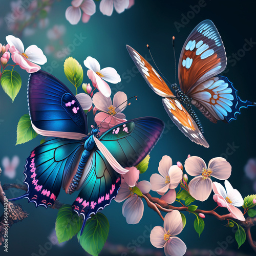 butterflies tender bright beautiful perfect against the background of branches of a flowering spring tree very gentle and cute on a pastel background