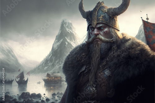Viking Jarl Invading the coast. Generative AI photo