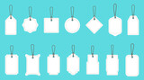 Set of blank White price tags in different shapes. Collection of labels with string