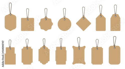 Set of blank cardboard price tags in different shapes. Collection of labels with string. vector illustration