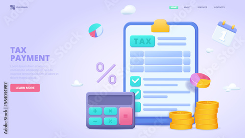 Tax payment, tax return, Design concept for site, financial report,accountant service. 3d vector illustration for website, banner, landing page.