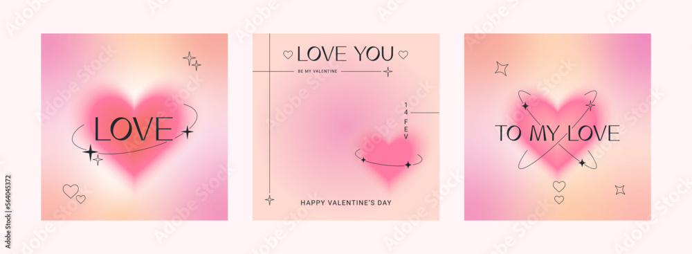 Happy Valentine's Day square greeting cards. Trendy gradients, blurred shapes, typography, y2k. Social media stories templates. Vector illustration for mobile apps, banner design and web ads. Happy Valentine's Day square greeting cards. Trendy gradients, blurred shapes, typography, y2k. Social media stories templates. Vector illustration for mobile apps, banner design and web ads.