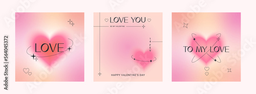 Happy Valentine's Day square greeting cards. Trendy gradients, blurred shapes, typography, y2k. Social media stories templates. Vector illustration for mobile apps, banner design and web ads.