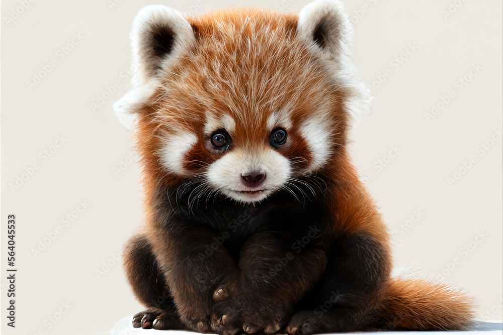 Fototapeta premium A cute baby red pandasitting, white background, generative ai