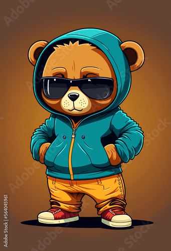 Cool teddy bear in tracksuit. Rapper, dancer, hipster