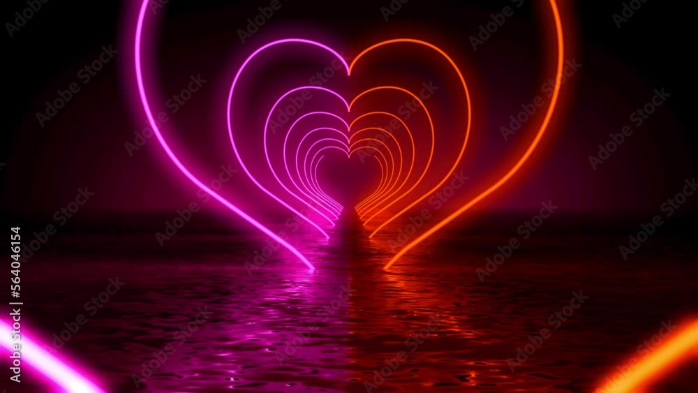 Love Heart Tunnel neon lights. Romantic abstraction. 4K seamless loop
