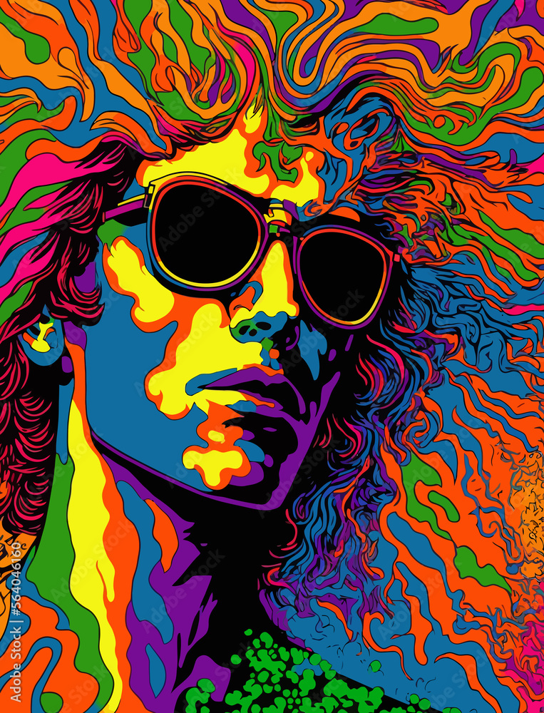 An abstract drawing of a man with long hair and sunglasses. Psychedelic colors.