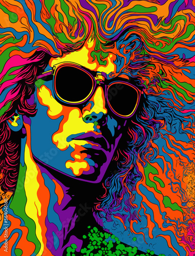 An abstract drawing of a man with long hair and sunglasses. Psychedelic colors.