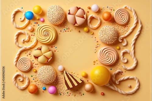  a colorful dessert is arranged in a circle on a yellow background with confetti, lollipops, and other sweets on it's sides, and a spirally spiral. Generative AI