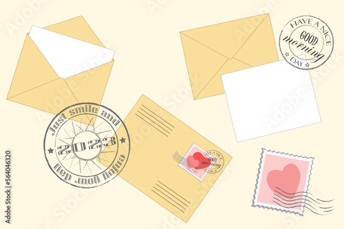 Collage of yellow envelopes with postage stamps and postmark. Vintage vector illustration.