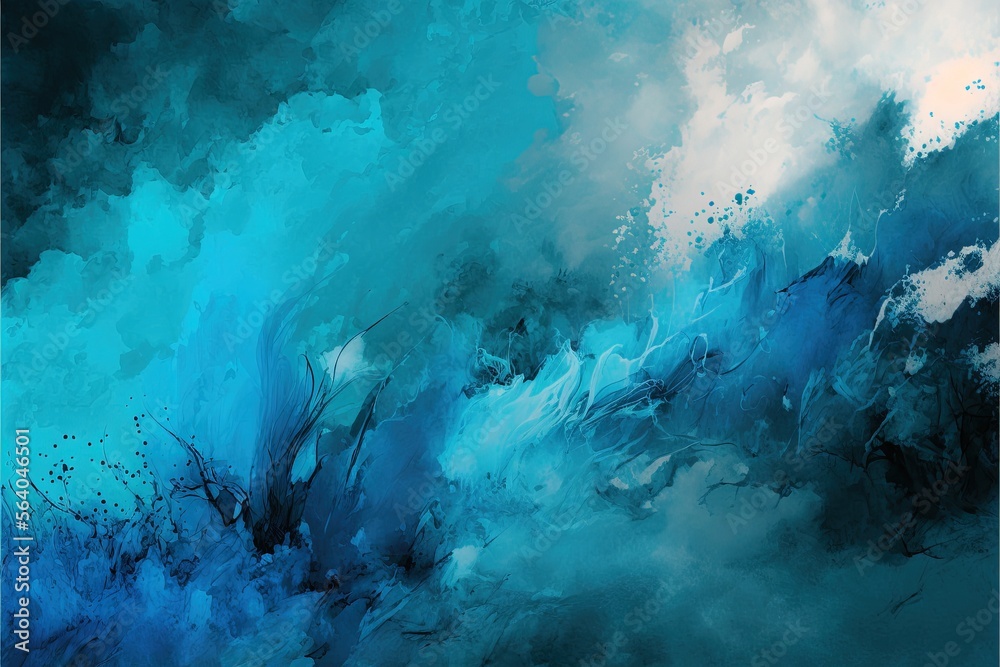 Obraz premium a painting of blue and white clouds and water with a black background and a white border around the edges of the painting and the bottom half of the painting is blue and white clouds. Generative AI 