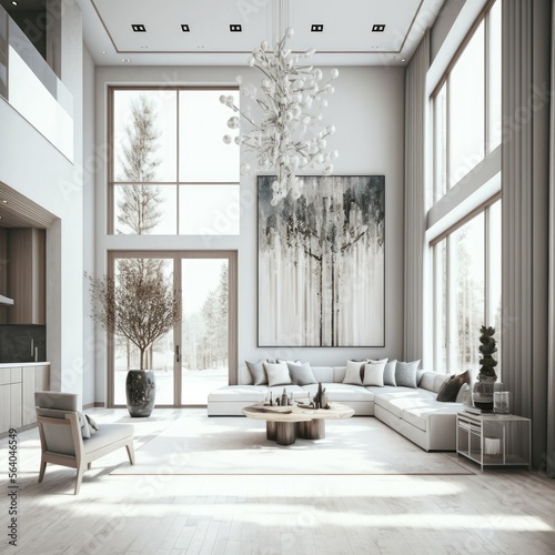 Luminous Modern interior design, Living Room with fireplace, white walls, big windows, painting, home design. Classy and rich. Architecture illustration. Generative AI. photo