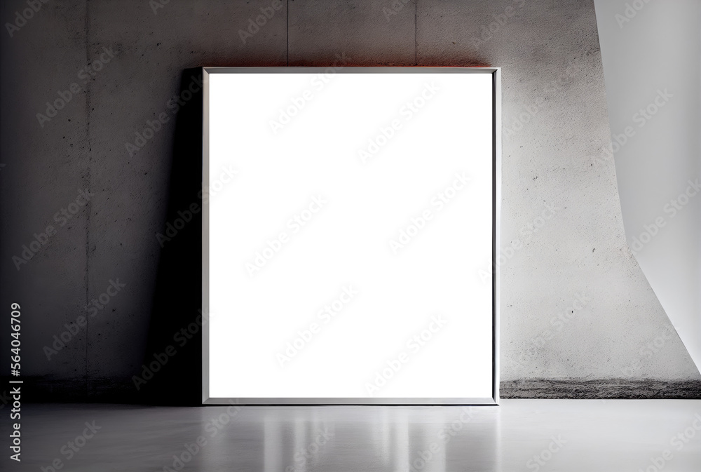 Empty gallery room with clear picture frame sample on light gray wall. Generative AI Empty gallery room with clear picture frame sample on light gray wall. Generative AI
