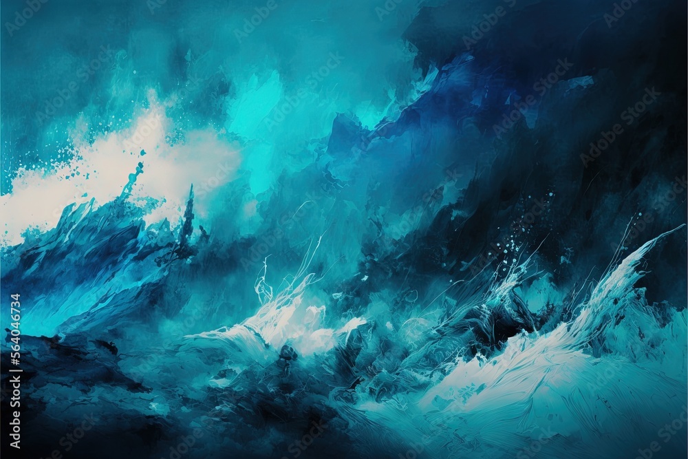  a painting of a large wave in the ocean with blue and white colors on it's surface and a black background with white dots on the bottom of the image and bottom of the wave. Generative AI 