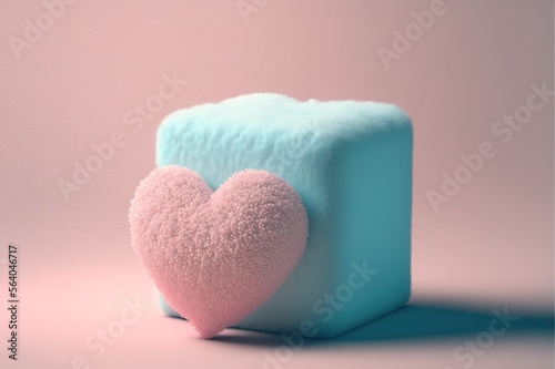 Fluffy furry pastel pink heart on pastel blue cube. generative AI