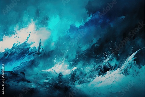  a painting of a large wave in the ocean with blue and white colors on it's surface and a black background with white dots on the bottom of the image and bottom of the wave. Generative AI 
