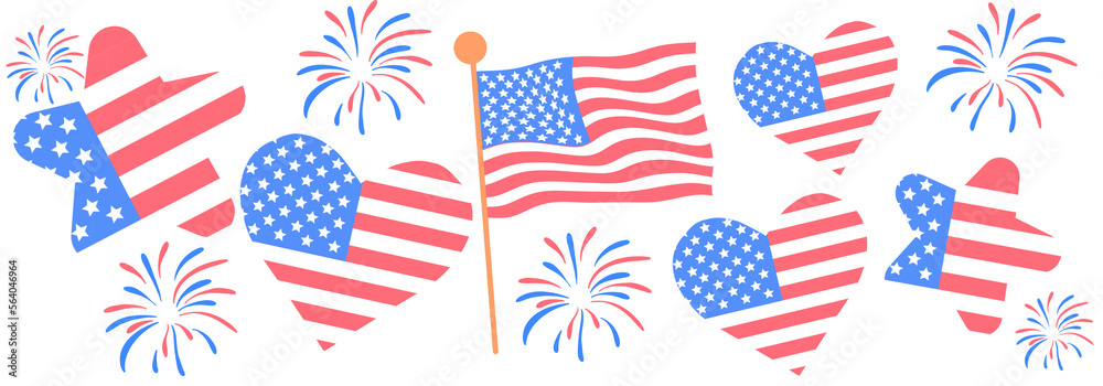 Happy 4 July Independence Day, National American Day illustration. Hearth, splashes, symbols. - obrazy, fototapety, plakaty 
