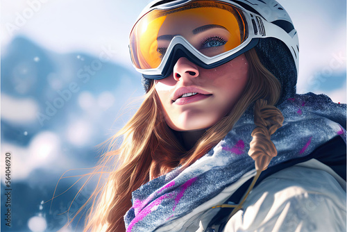 skier woman with ski, winter, snowflakes. Ai Generative