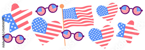 Happy 4 July Independence Day, National American Day illustration. Hearth, splashes, glasses, flag, symbols.