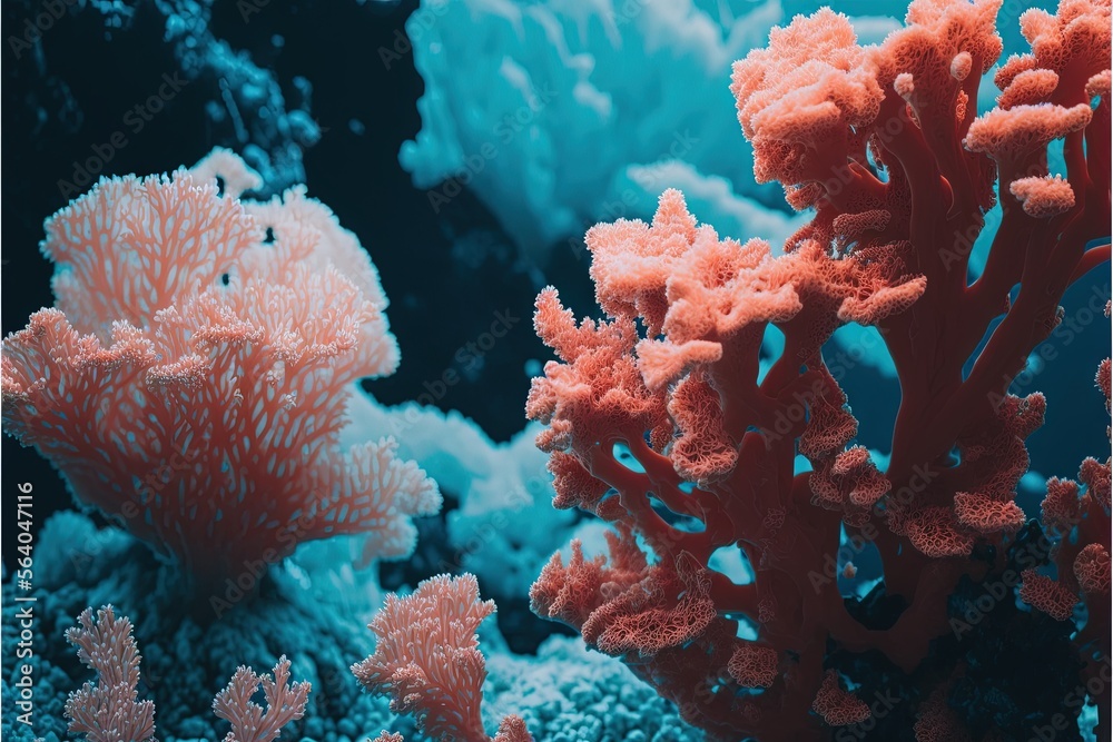 a coral reef with a blue background and a red coral in the foreground with a black background and a blue background with a red coral in the middle, and white border. Generative AI a coral reef with a blue background and a red coral in the foreground with a black background and a blue background with a red coral in the middle, and white border. Generative AI