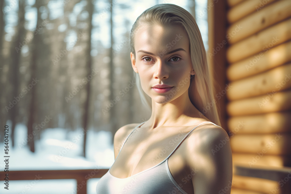 Beautiful natural fresh looking woman in a white top in front of blurred winter forest and wooden wall. Winter spa, retreat concept. Generative AI
