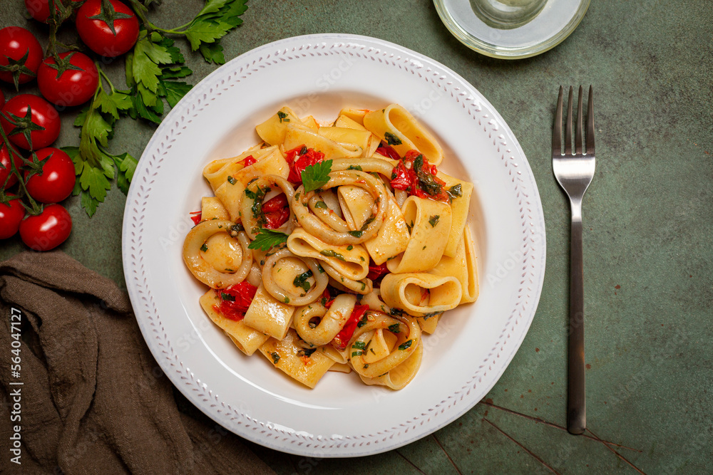 Italian pasta Calamarata made with thick ring pasta paccheri, calamari or sliced squid, and tomato sauce. Originates from Naples, the South of Italy. Directly above. Italian pasta Calamarata made with thick ring pasta paccheri, calamari or sliced squid, and tomato sauce. Originates from Naples, the South of Italy. Directly above.