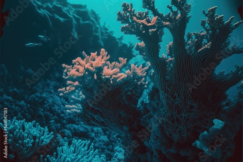  a coral reef with a fish swimming by it's corals and corals on the water's surface, with a blue background of water and corals and corals,. Generative AI 