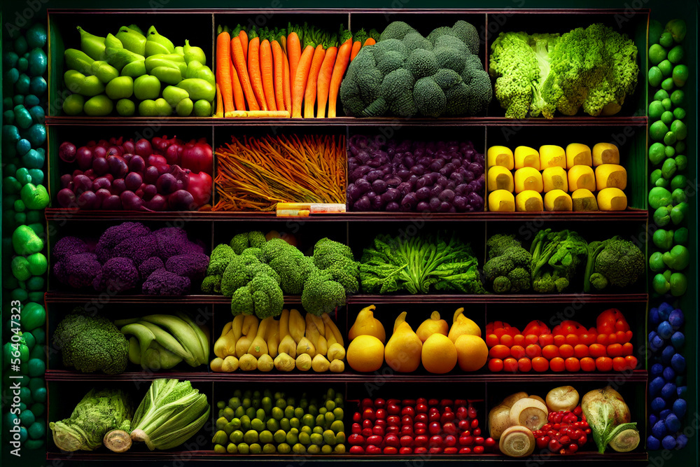 Illustrazione Stock Fresh organic Vegetables and fruits on shelf in  supermarket, farmers market. Healthy food market concept. Vitamins and  minerals in vegetables and fruits. Fresh vegetables tomatoes, capsicum,  cucumbers | Adobe Stock