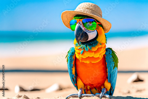 colorful spectacled macaw and straw hat on the beach with sea in the background photo